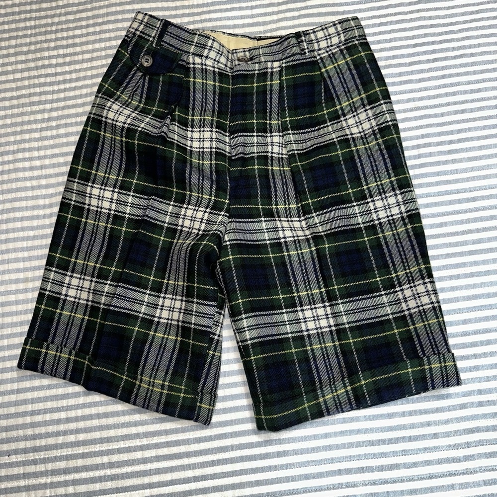Ralph Lauren Kids 12 Blackwatch Tartan Shorts 100% Wool Green Navy Vintage Pleat